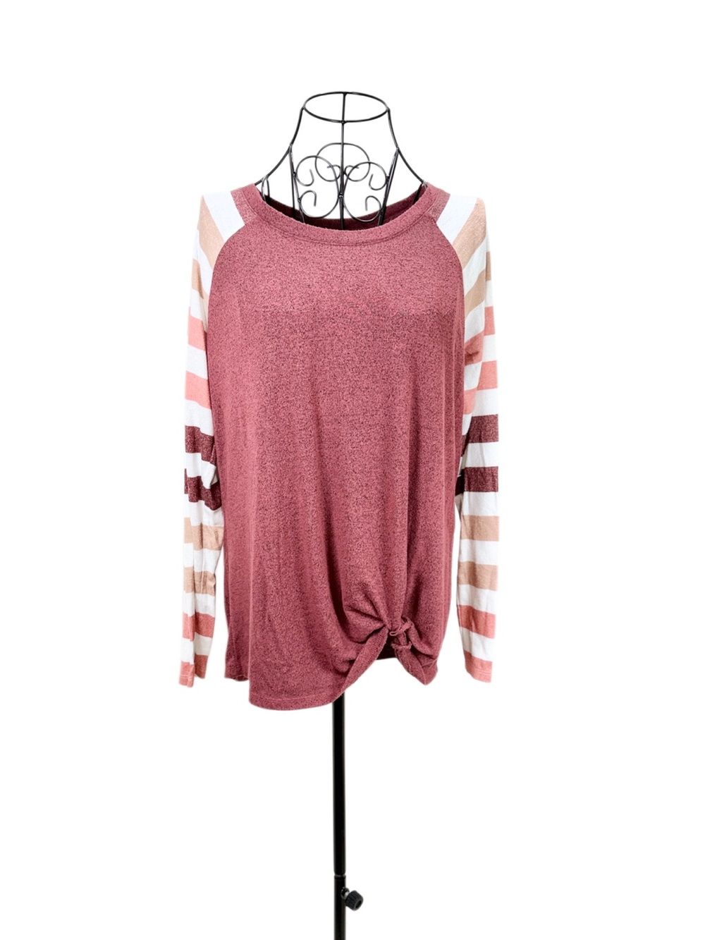Maurices Rose Pink Striped-Sleeve Knot Front Long Sleeve Top